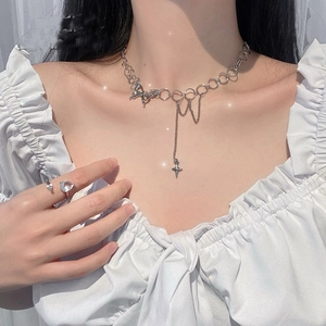 Silver butterfly necklace set with star fringe tassels and adjustable crystal ring