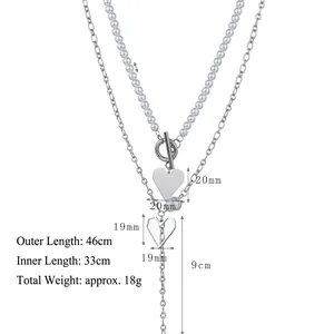 Double-layer pearl necklace with heart pendants and specific size measurement labels