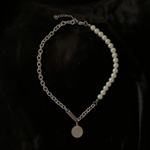 Asymmetric Necklace With Stainless Steel Link Chain And Faux Artificial Pearl Retro St Benedict Coin Pendant Religious Medal Jewelry
