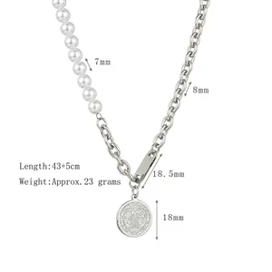 Retro pearl and chain necklace with rectangular tag and coin pendant details