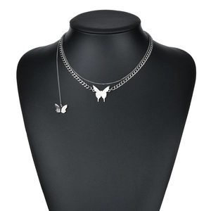 Double-layer stainless steel butterfly choker necklace on neck model for women