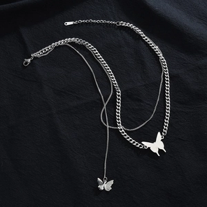 Silver multi-layer stainless steel butterfly pendant necklace with punk style cuban chain