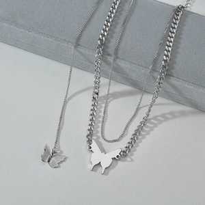 Layered butterfly pendant necklace set with silver Cuban and fine chains for women