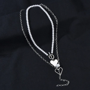 Layered Necklace Stainless Steel With Faux Artificial Pearl Heart Pendant Toggle Clasp Choker For Women