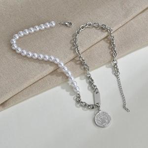 Retro pearl and silver chain necklace with coin pendant and adjustable lobster clasp