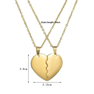 Détail des colliers pendentifs coeur séparables dorés avec chaîne de 50cm et mesures