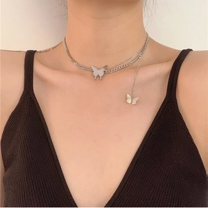Butterfly Layered Necklace Stainless Steel Silver Multilayer Cuban Chain Choker For Women Y2K Trendy Punk Jewelry