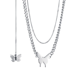 Silver double layer butterfly necklace in stainless steel featuring Y2K cuban chain design