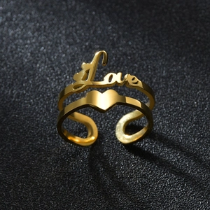 Adjustable golden stainless steel double-layer ring with Love script and heart motif