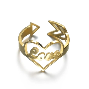 Adjustable golden heart ring featuring a Cupid arrow design and Love letter engraving