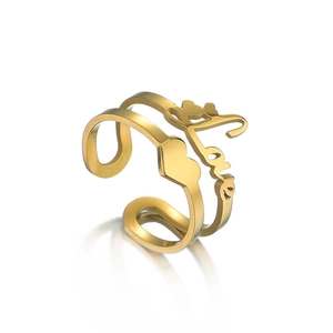 Golden double-layer stainless steel ring with open design featuring Love heart motifs