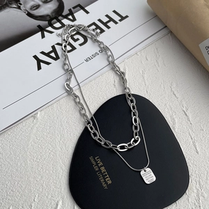 Modern silver layered titanium steel necklace with cuban chain and engraved tag pendant