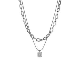 Double-layered titanium steel necklace with thick oval links and square pendant