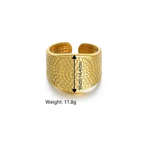 Golden wide open geometric ring with dotted texture and adjustable band for women