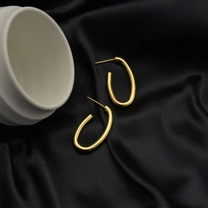 Minimalist Oval Hoop Earrings Polished Copper Geometric Hollow Studs For Women Ins Style Simple Fashion Jewelry