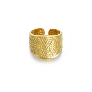 Adjustable golden wide ring with textured bubble pattern and minimalist geometric design