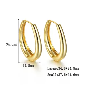 Polished gold oval hoop earrings in large and small sizes with detailed dimensions