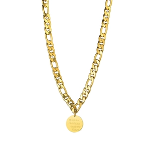 Gold Figaro chain necklace with engraved circular pendant for women in minimalist style