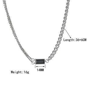 Double-layered stainless steel necklace with black gemstone pendant and asymmetric chain design