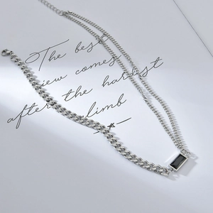 Double-layered silver titanium necklace with a rectangular black gemstone pendant