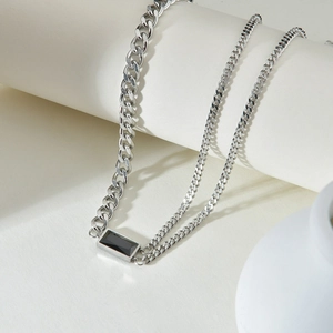 Double layered silver titanium steel necklace with rectangular black gemstone pendant