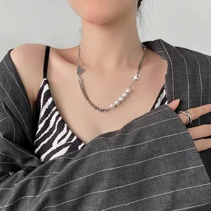 Baroque pearl and mixed metal chain necklace with cross star pendants for women