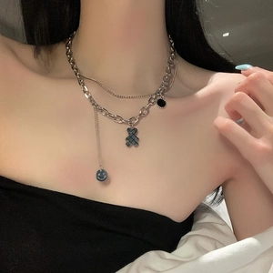 Double Layer Necklace Stainless Steel Bear Smiley Face Pendant Curb Chain Fashion Jewelry For Women