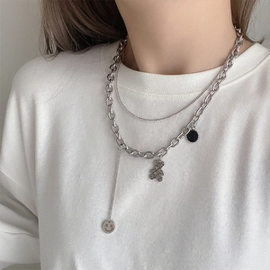 Double-layer stainless steel necklace featuring plaid bear and smiley face coin pendants
