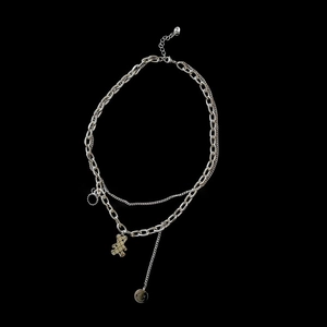 Double-layered titanium steel necklace featuring bear and smiley face pendants in punk style