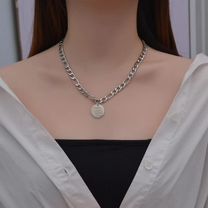 Stainless Steel Round Coin Pendant Necklace Figaro Chain Engraved Quote Jewelry Gift For Women Toggle Clasp