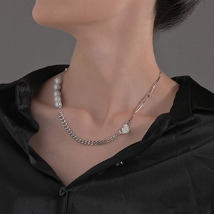 Artificial Baroque Pearl Splicing Necklace Stainless Steel Asymmetric Curb Chain Heart Star Pendant Hip Hop Street Style Jewelry Women
