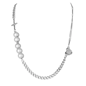 Baroque pearl and silver metal chain necklace with cross pendant and circular charm