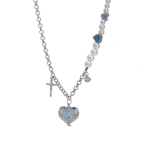 Collier de perles Y2K avec pendentif cœur bleu religieux et croix en argent chic