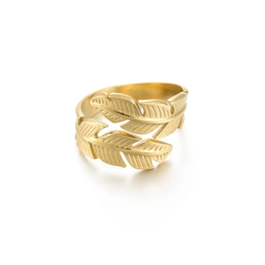 Adjustable golden stainless steel ring featuring detailed double leaf wrap-around design