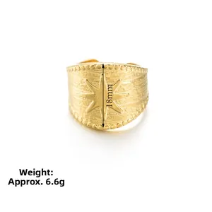 Detailed 18mm wide golden compass ring with star engraving and beaded edge details