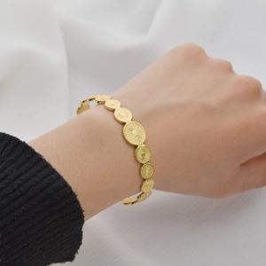 Bracciale Rigido Aperto In Acciaio Inossidabile Donna Placcato Oro 14K Dischi Circolari Trama Raggio Di Sole Vintage Boho