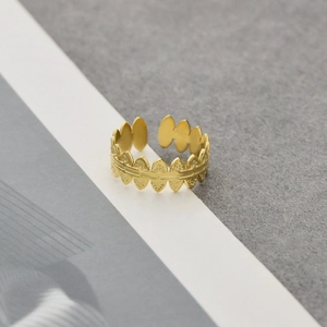 14K gold plated stainless steel open ring with hammered leaf texture and matte finish