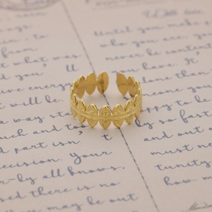 Minimalist 14K gold plated adjustable open leaf ring with hammer texture finish