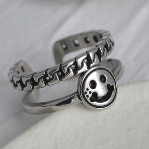 Vintage silver double-layer open ring with chain texture and smiley face charm