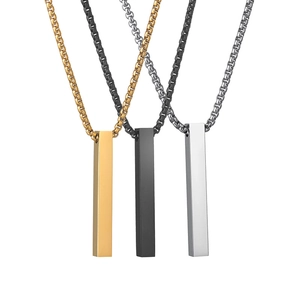 Minimalist rectangular bar pendant necklaces in gold, silver, and black finish with box chains
