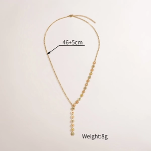 Detail of gold Y-shaped necklace with colored beads showing 46+5cm length and 8g weight