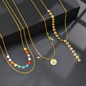 French Retro Stainless Steel Necklace Women Eight Pointed Star Pendant Colorful Enamel Heart Faux Artificial Pearl Clavicle Chain