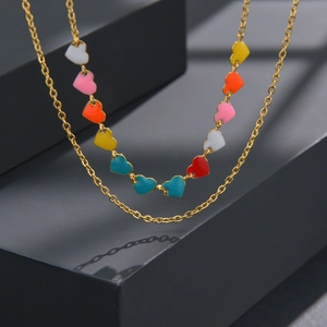 Double-layered gold stainless steel necklace with colorful enamel heart pendants and charms