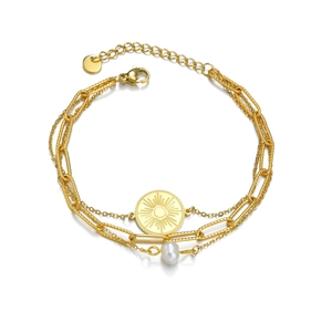 Bracelet trois couches plaqué or 14K avec pendentif soleil et perle baroque