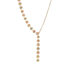 Detailed close-up of a French retro gold Y-necklace featuring colorful beaded star discs