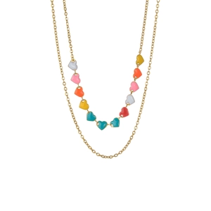Detail of double-layer gold necklace featuring colorful enamel heart charms and thin chains