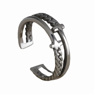 Vintage steel double layer open ring with cross charms and cuban chain design