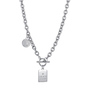 Titanium steel chunky chain necklace with silver OT buckle and engraved coin pendants