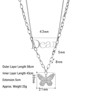 Collier double épaisseur argenté avec papillon et détails de taille précis