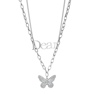 Collier double rang en acier inoxydable argenté avec pendentif papillon et breloque Dear